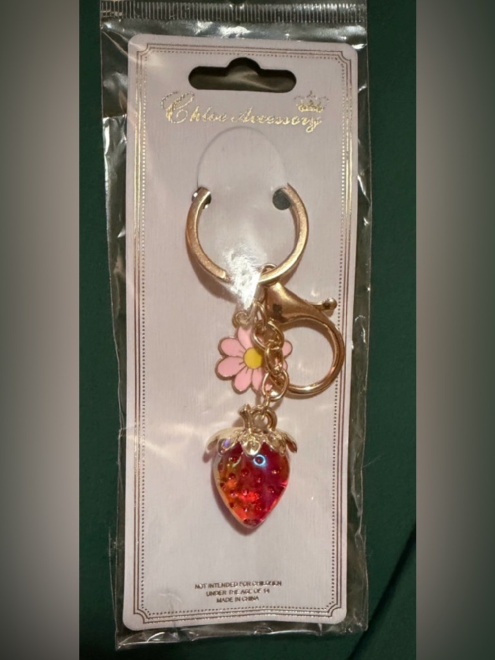 Gold Strawberry & Pink Flower Keychain Charm